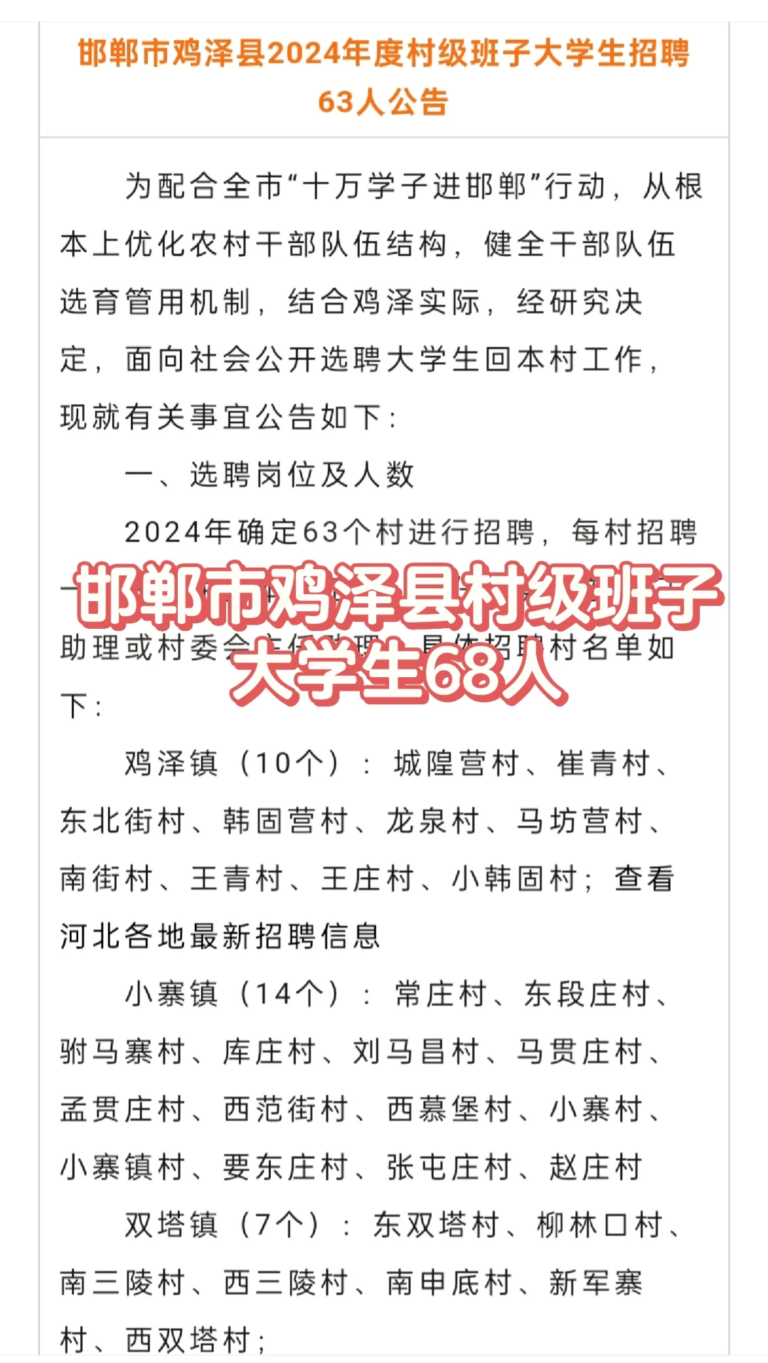 邯郸市鸡泽县村级班子大学生68人