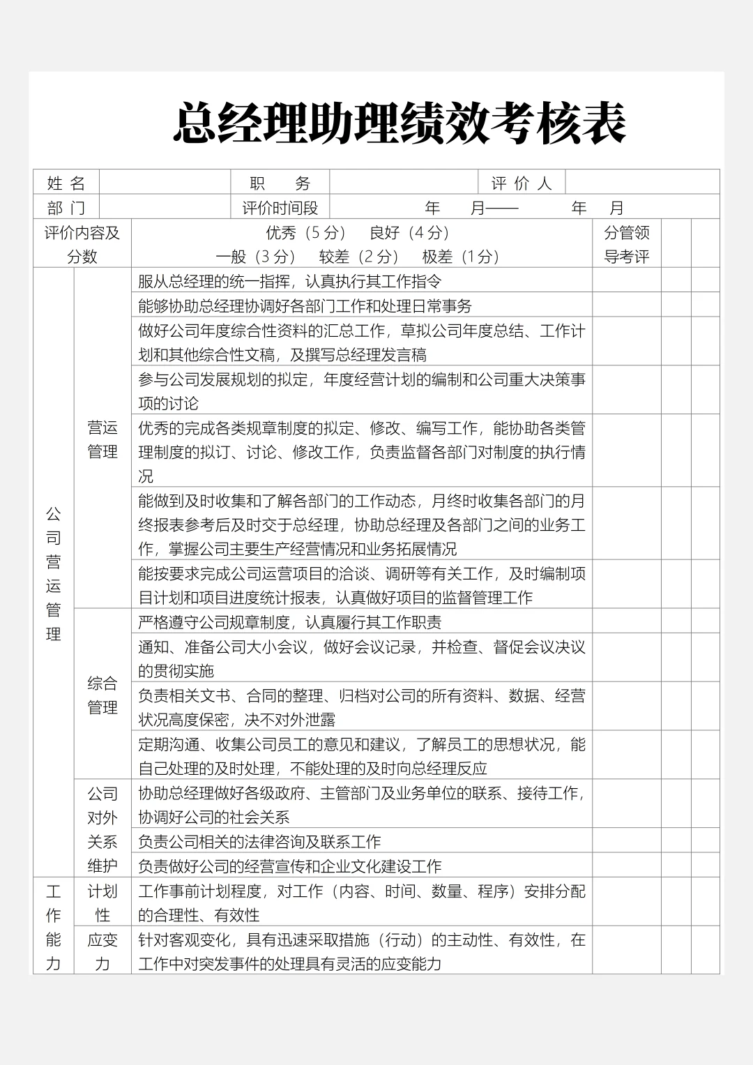 总经理助理绩效考核表及岗位职责