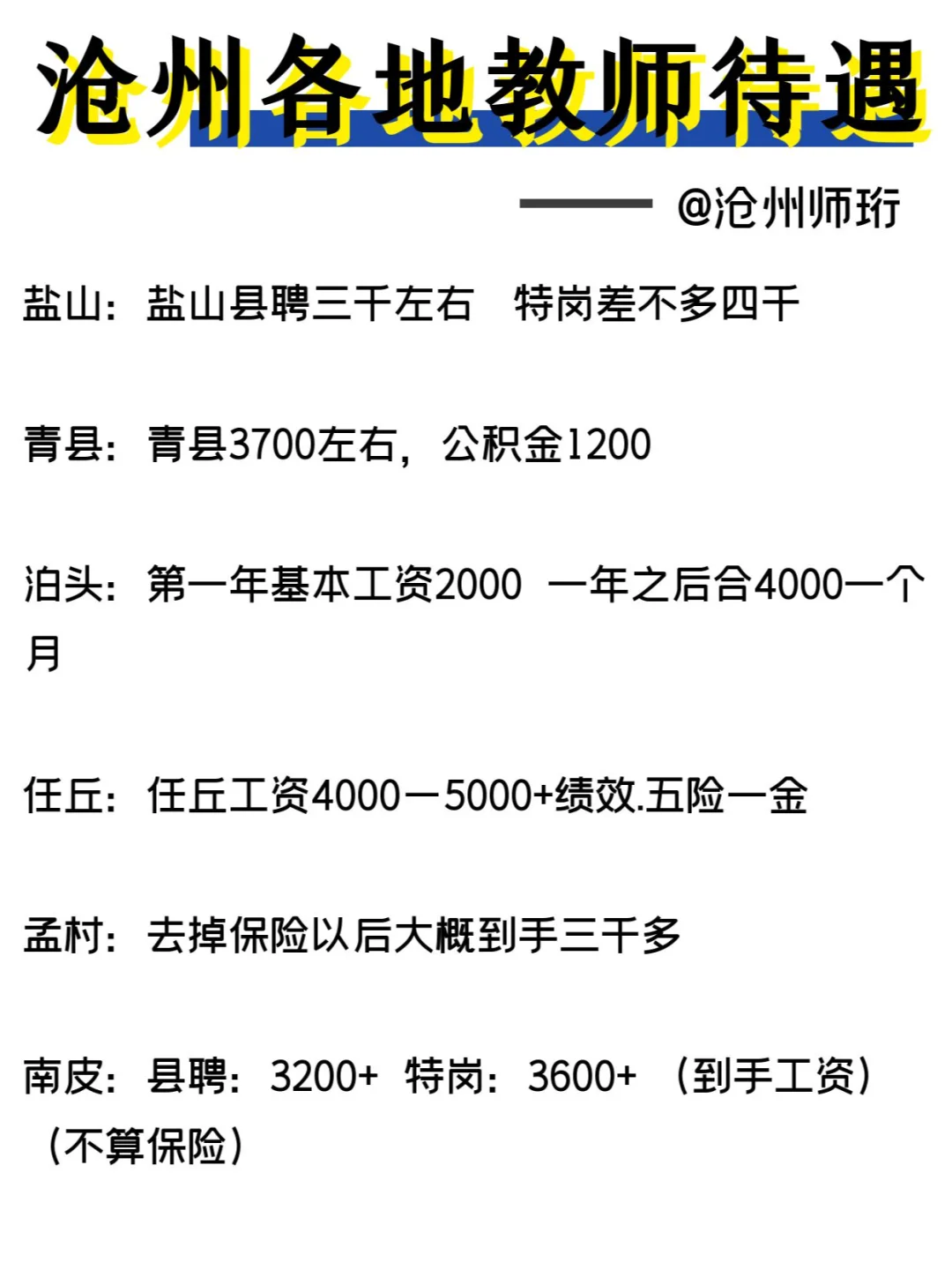 沧州各地的教师xz待遇都是多少呀~