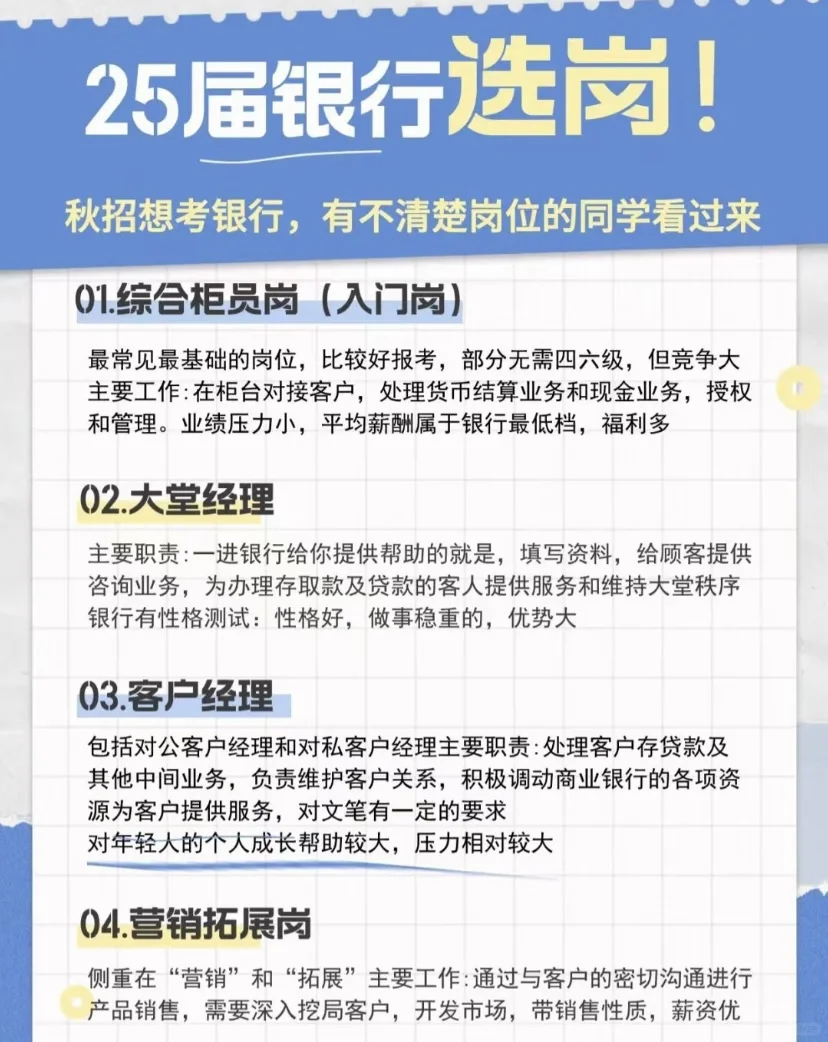 银行秋招不会看岗，给你们列举出来！
