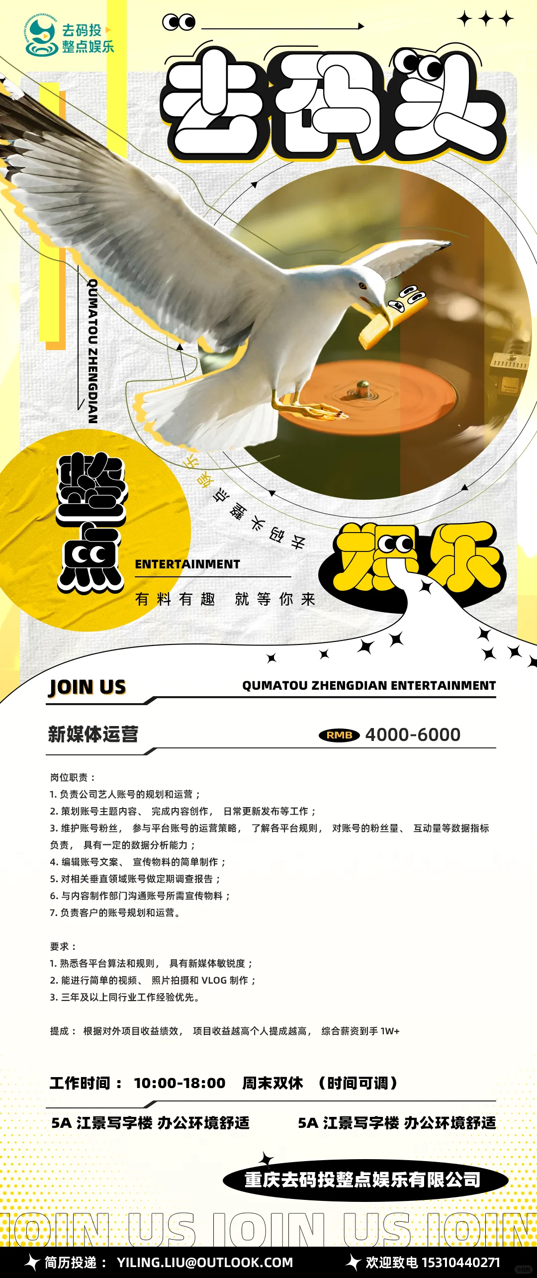 经纪公司招新媒体运营 坐标重庆长江国际