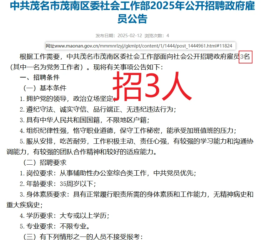 中共茂名市茂南区委社会工作部招聘政府雇员