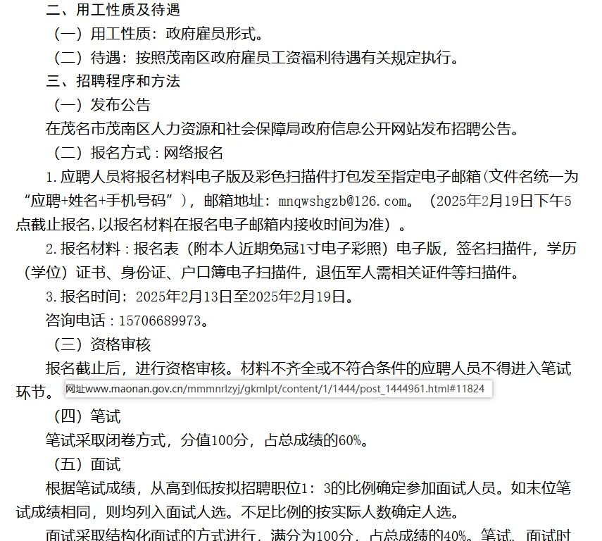 中共茂名市茂南区委社会工作部招聘政府雇员