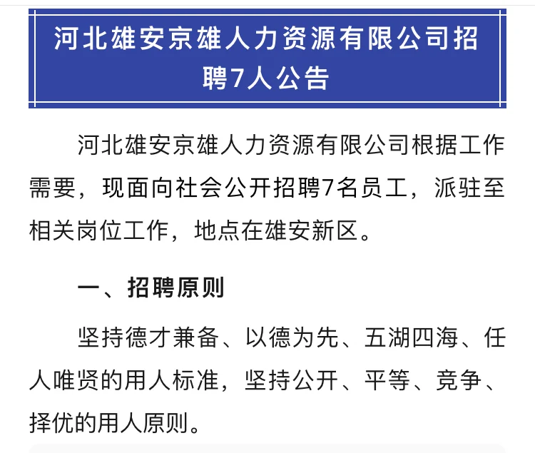 河北雄安京雄人力资源有限公司招聘公告