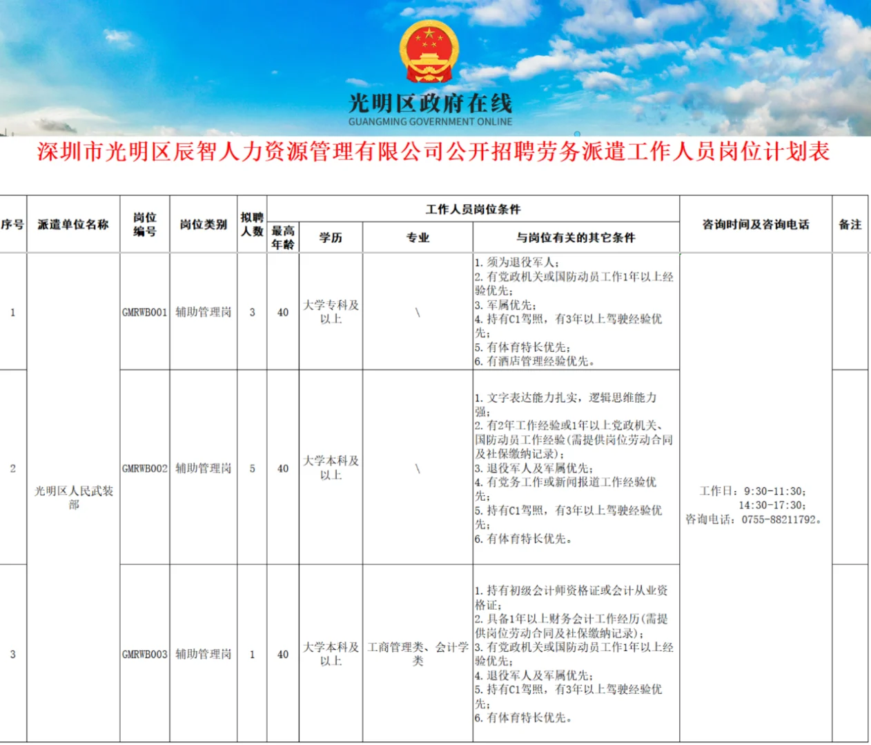 专业不限｜光明区武装部招聘（辅助管理岗）