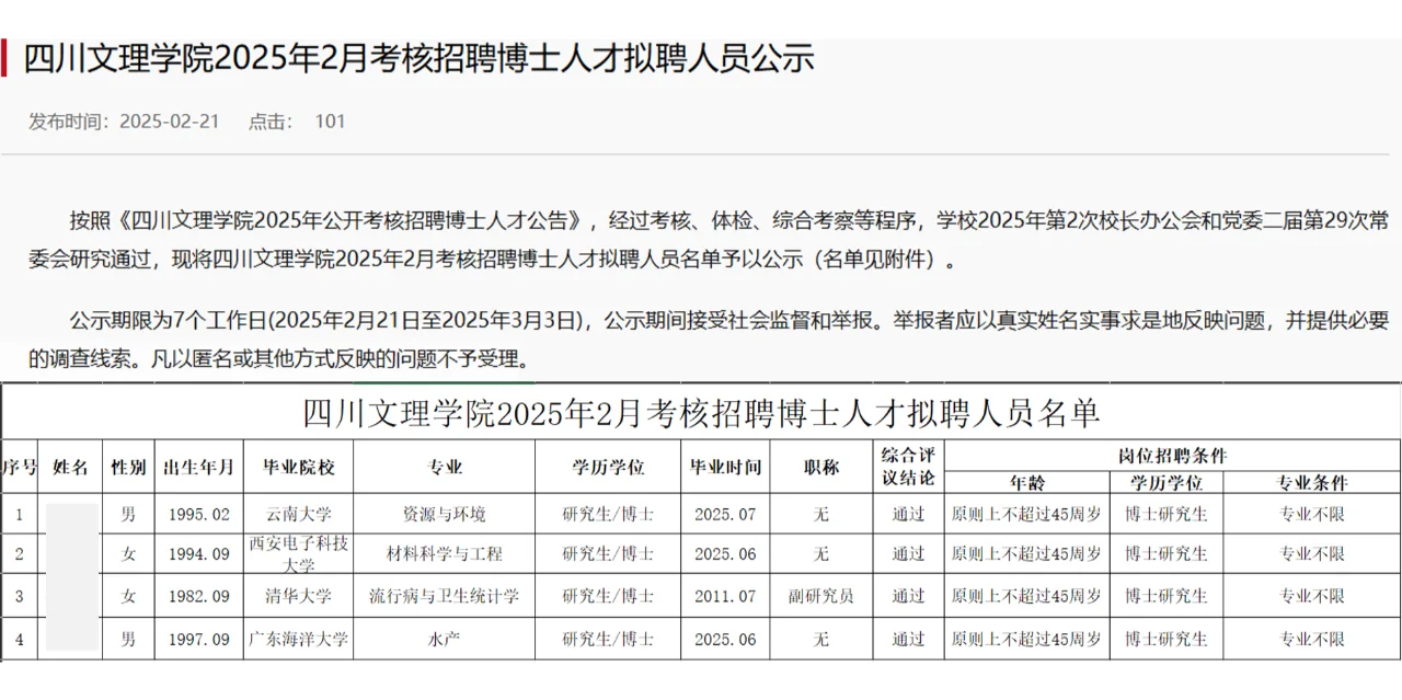 四川文理学院2025年博士人才拟聘公示第二批