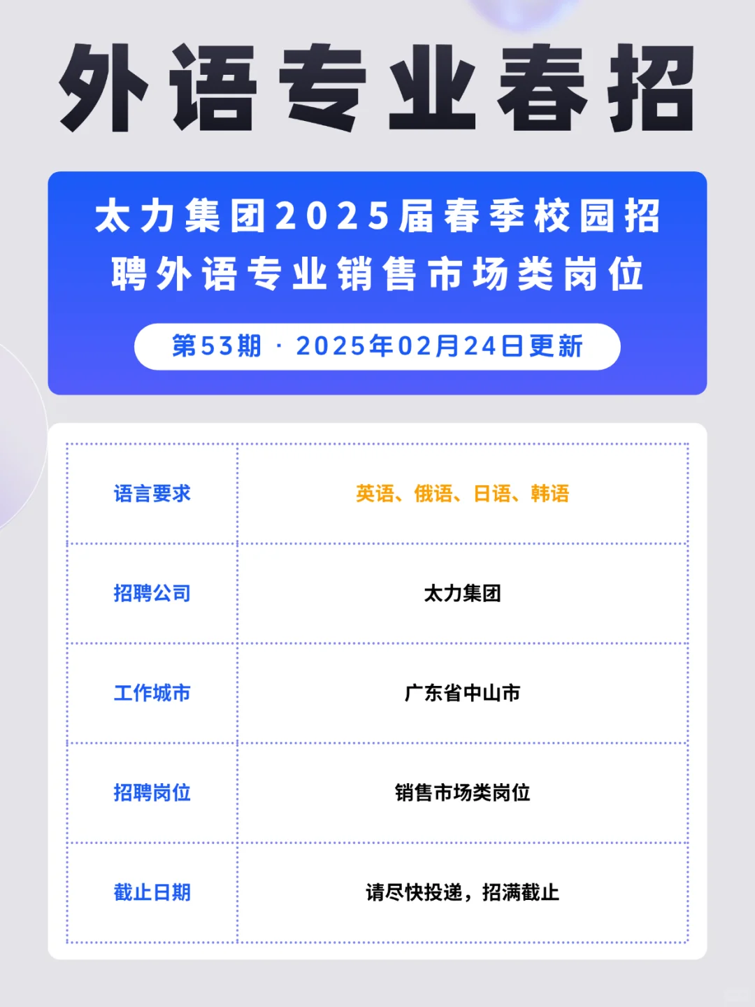 太力集团2025届春招外语专业销售市场类岗位