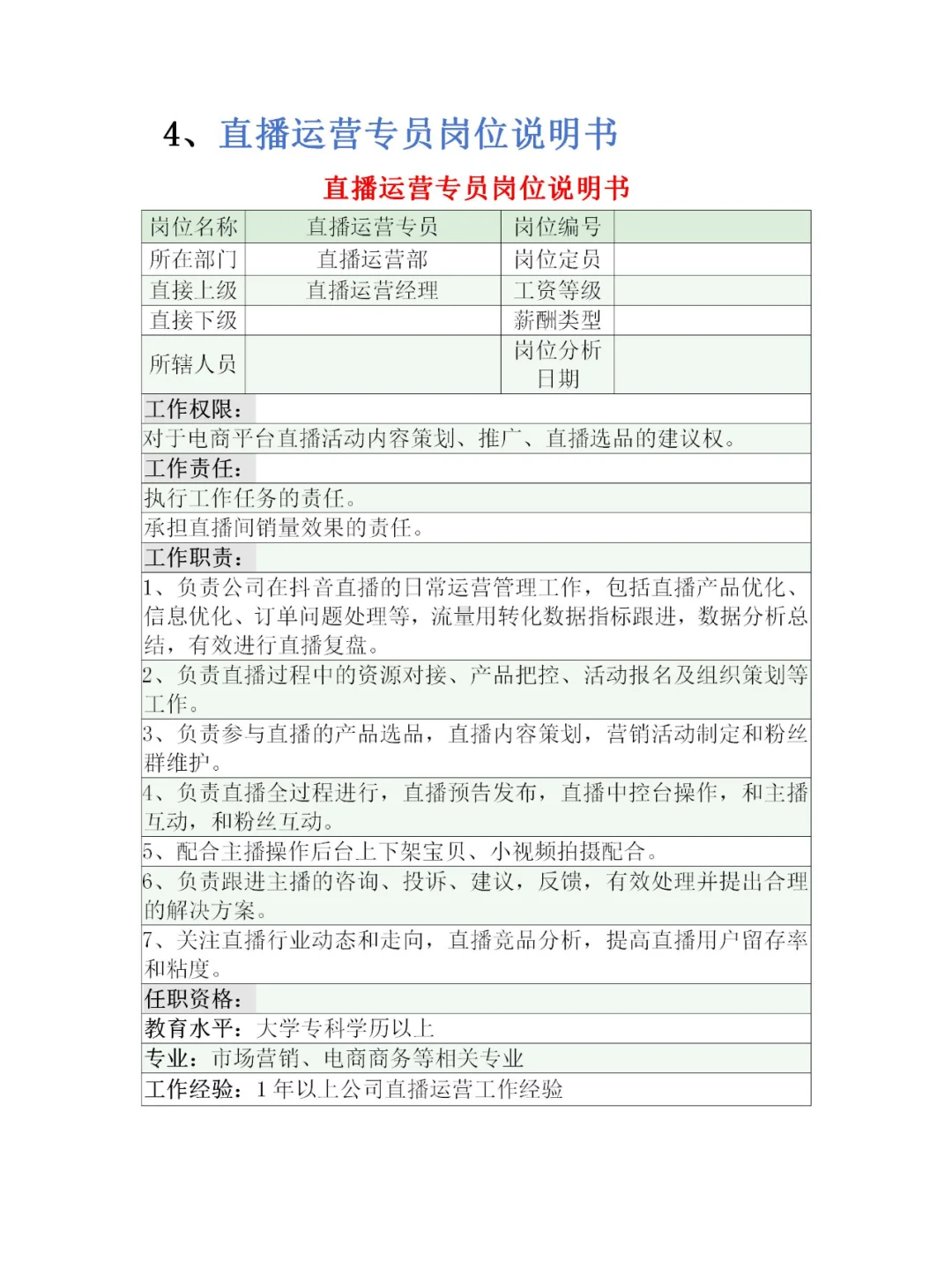 直播电商部门岗位职责说明书