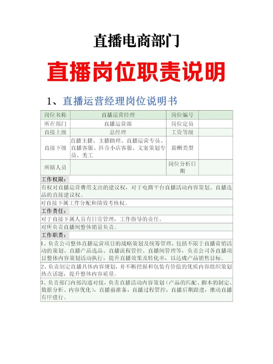 直播电商部门岗位职责说明书