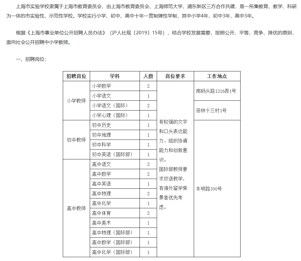 2025年上海市实验学校教师招聘公告