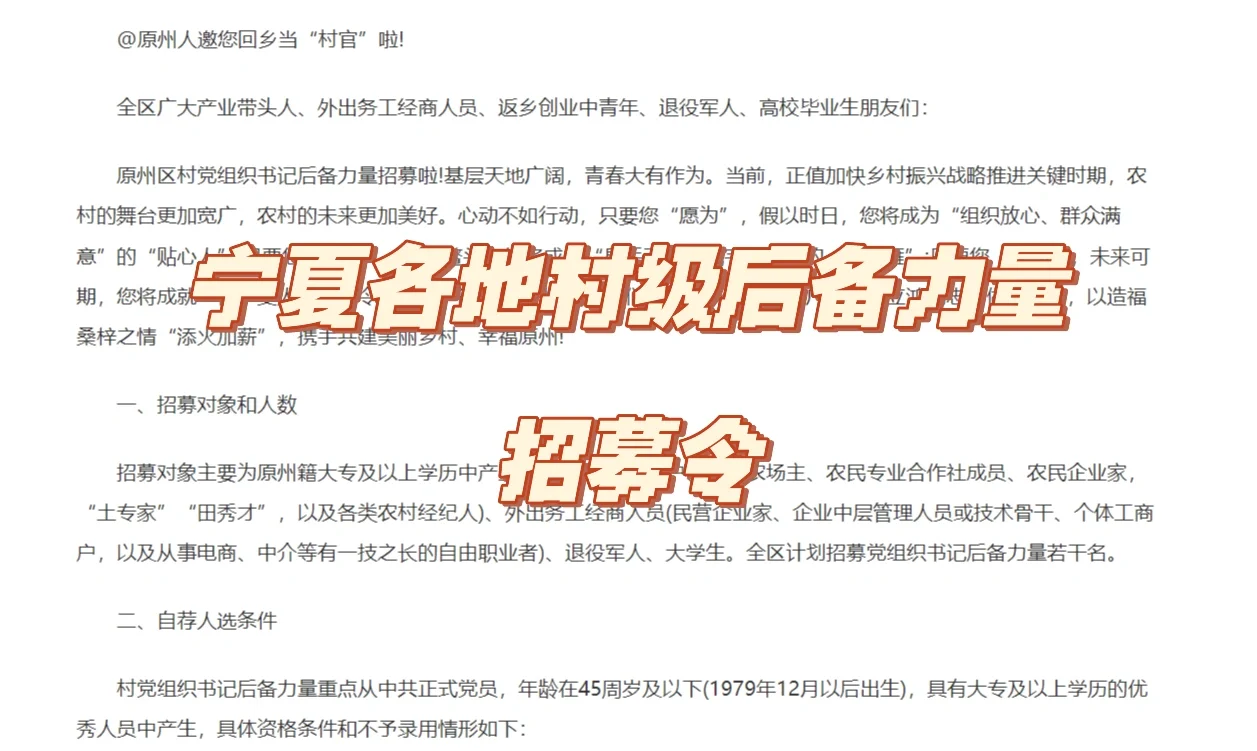 宁夏各地村级后备力量招募令