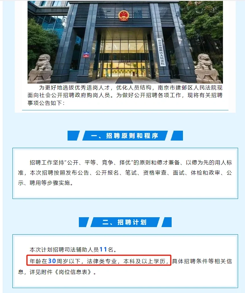 南京市建邺区人民法院招11人（购岗）