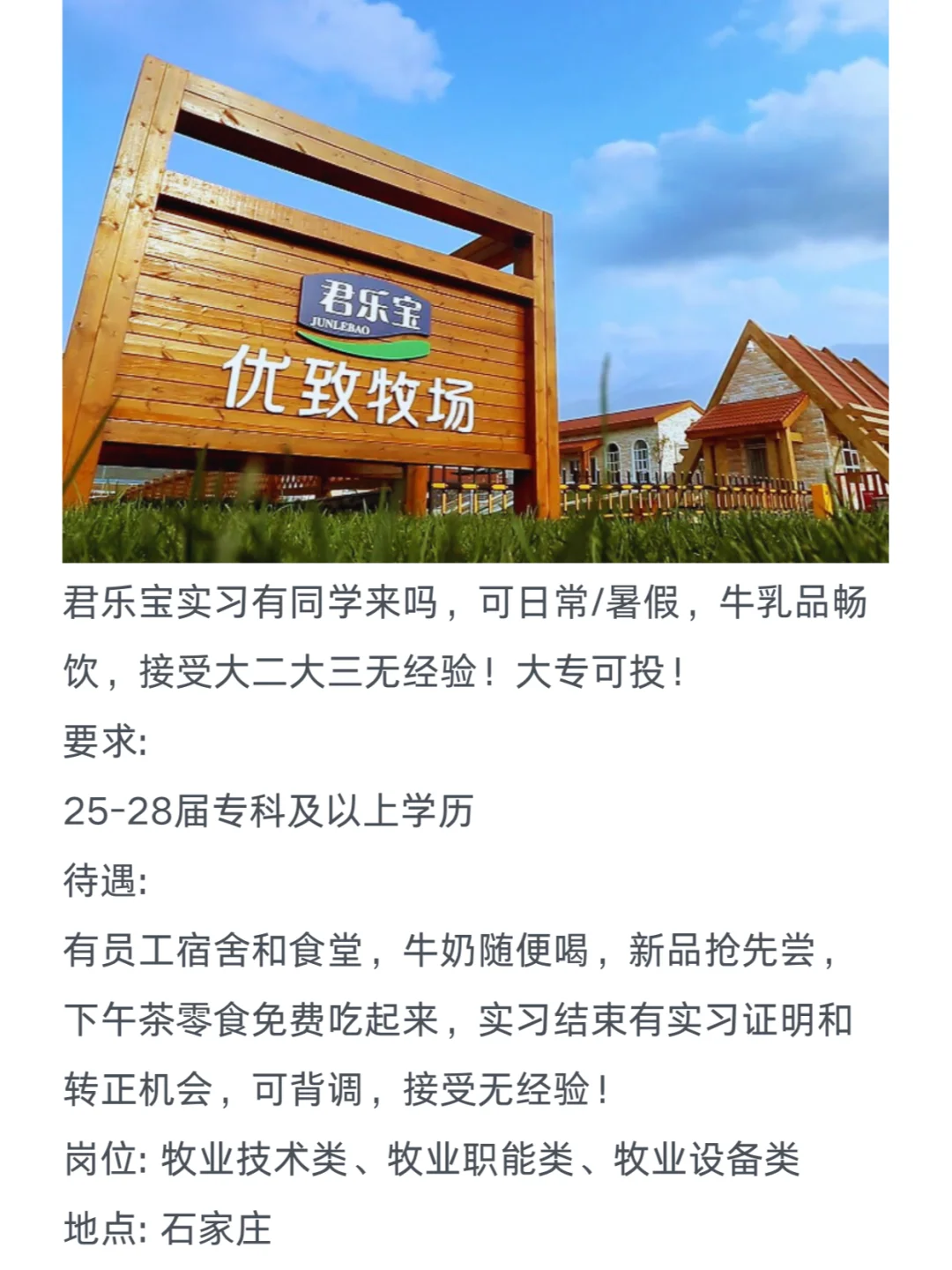 君乐宝实习有同学来嘛，日常/暑假大专可投