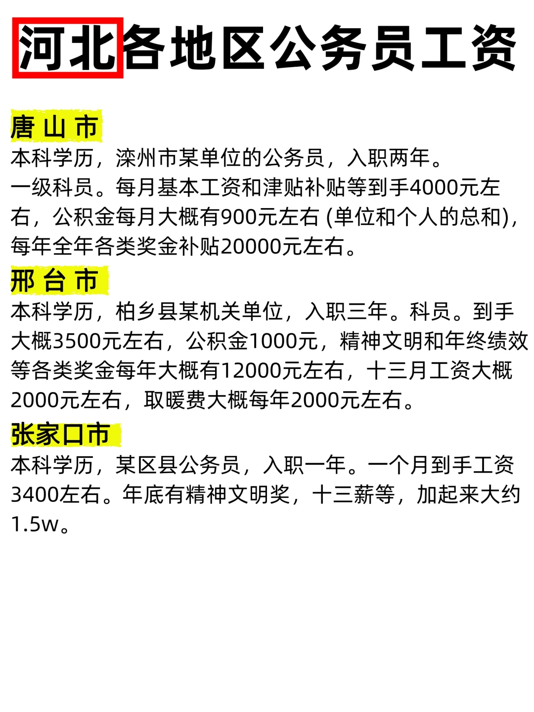 河北10+地区公务员工资待遇合集（参考）