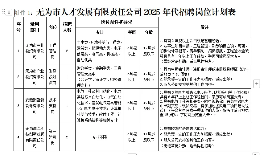 无为市人才发展公司招聘