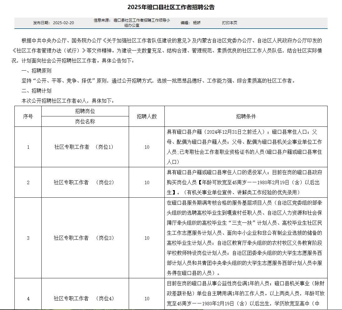 2025年磴口县社区工作者招聘公告