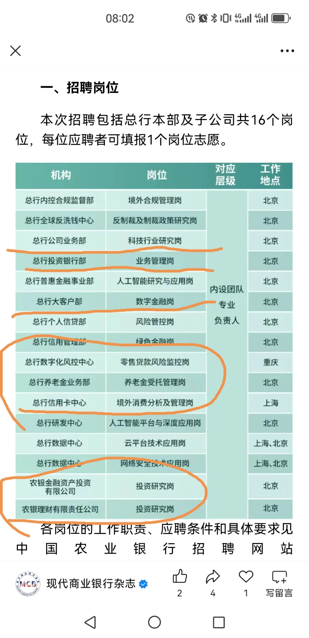 农行总行海外人才招聘机会来啦，要海归博士