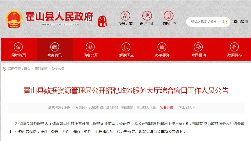 25年六安霍山数据资源管理局招聘