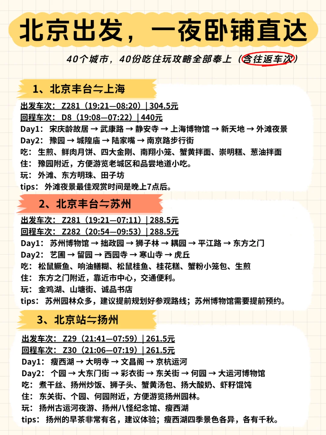 🚄北京出发，一夜卧铺40城【含往返车次】