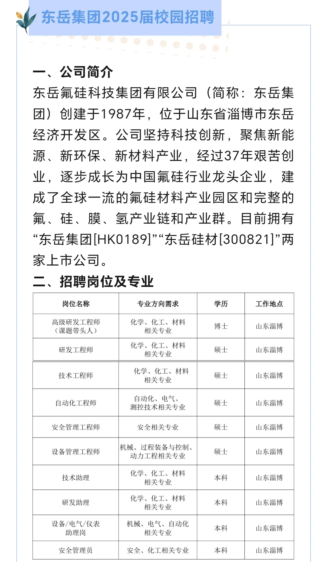 东岳集团2025届校园招聘简章