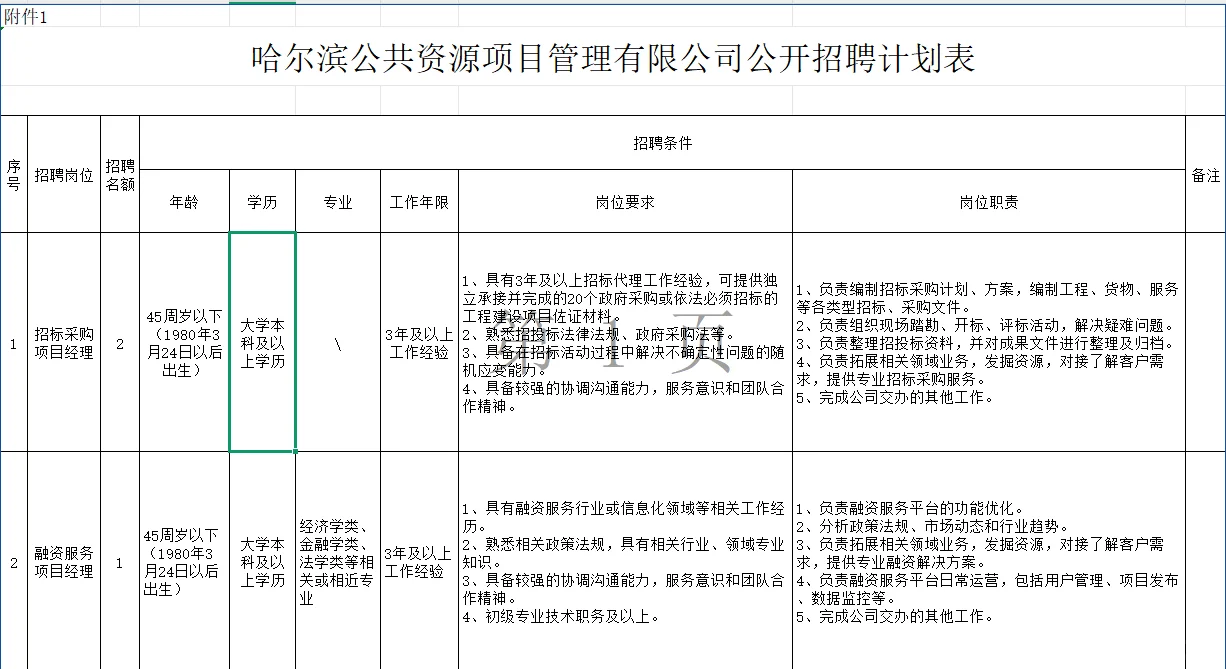 哈尔滨公共资源项目管理公司公开招聘公告