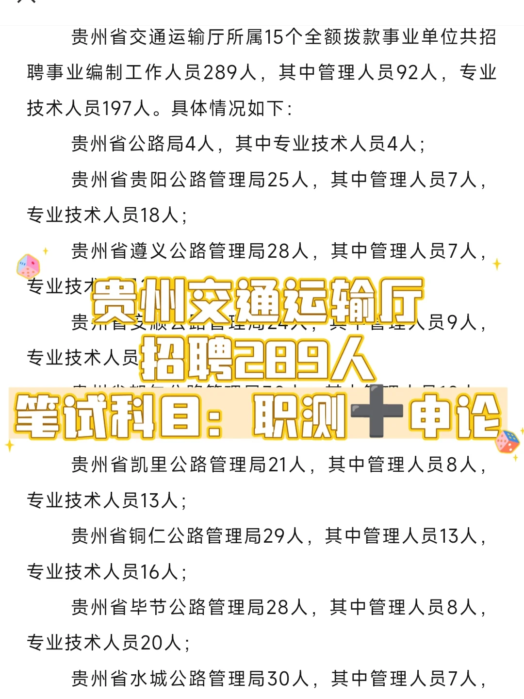 事业单位｜贵州交通运输厅招聘289人‼️