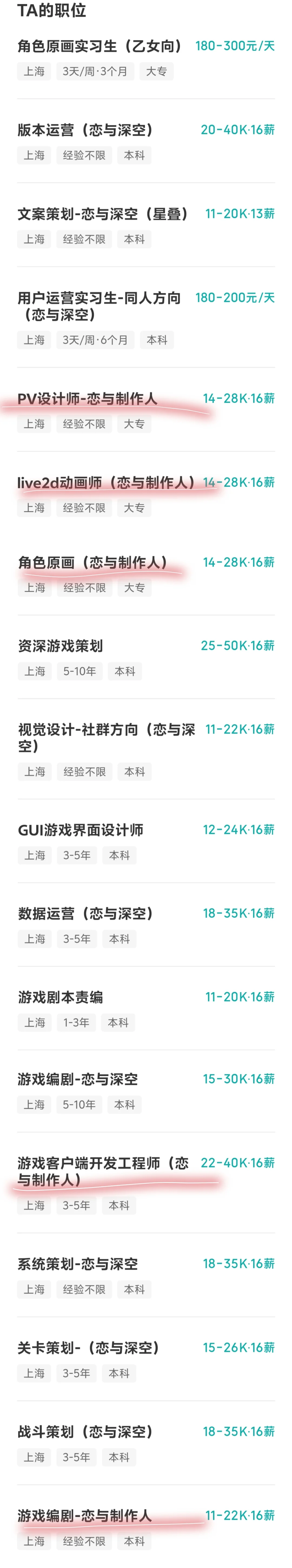 恋与的这些岗位在招人