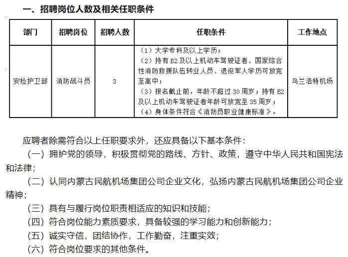 内蒙古乌兰浩特机场招聘啦