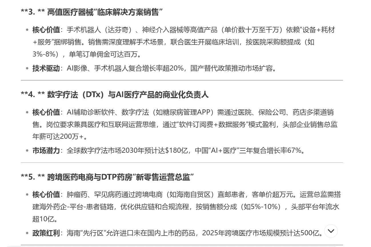 Deepseek未来十年钱蕞赚qian的医药销售类岗