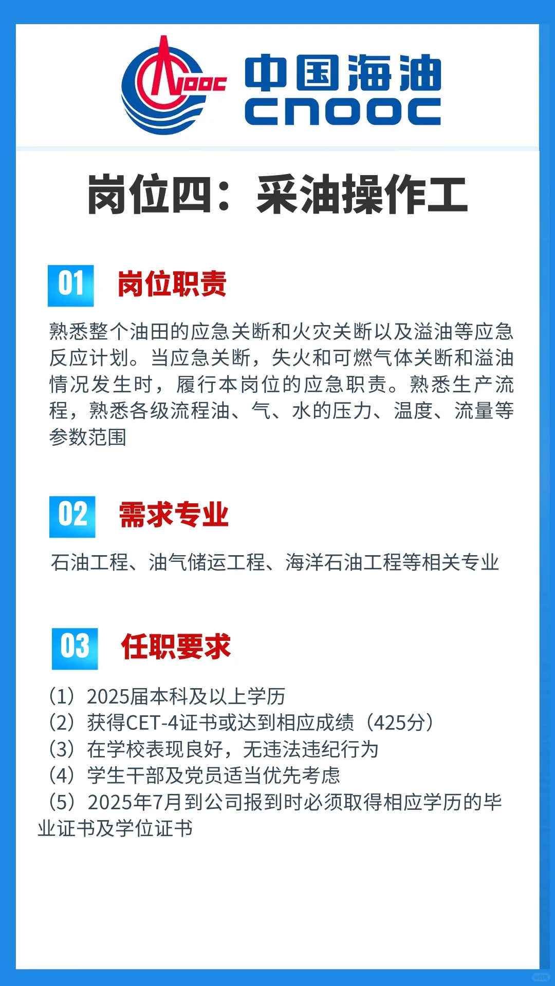 中海油25年度春招【天津分公司】岗位信息