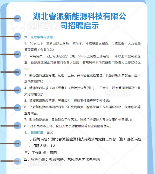 湖北睿派新能源科技有限公司发布岗位招聘