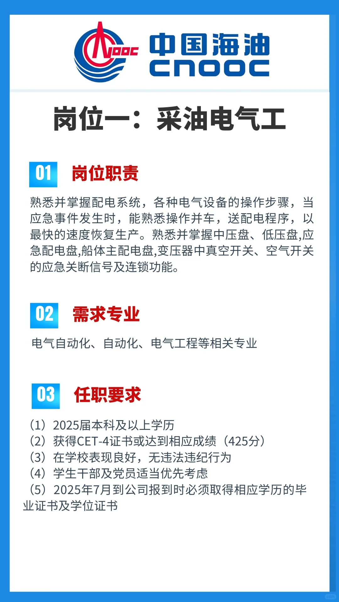 中海油25年度春招【天津分公司】岗位信息