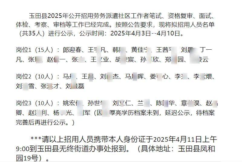 唐山市玉田县2025派遣社区工作者拟聘公示