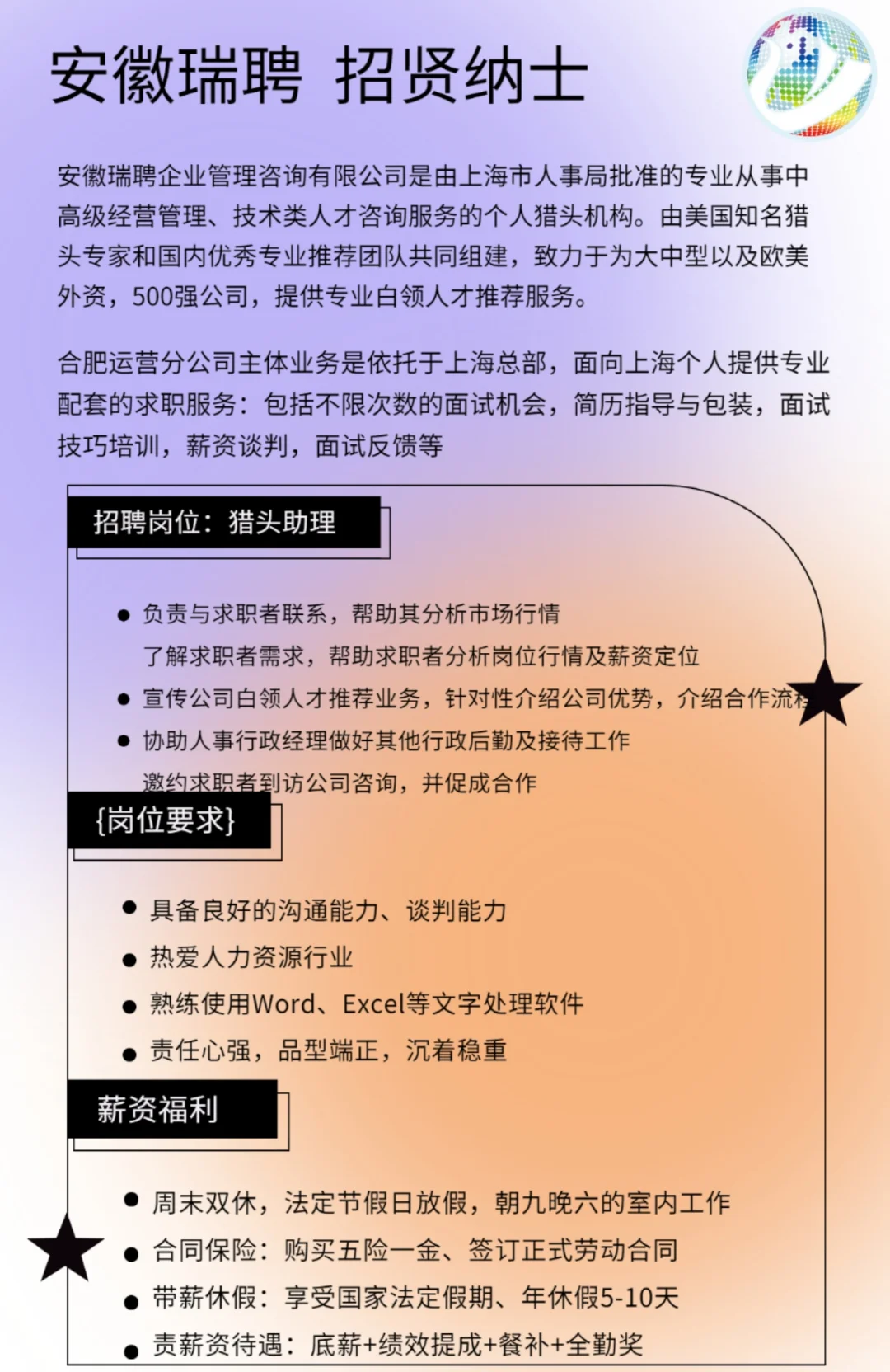 招聘:猎头助理，双休不加班