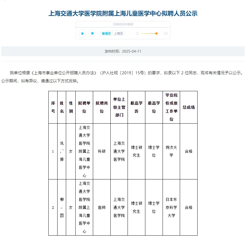 恭喜上岸🍎上海儿童医学中心拟聘人员公示