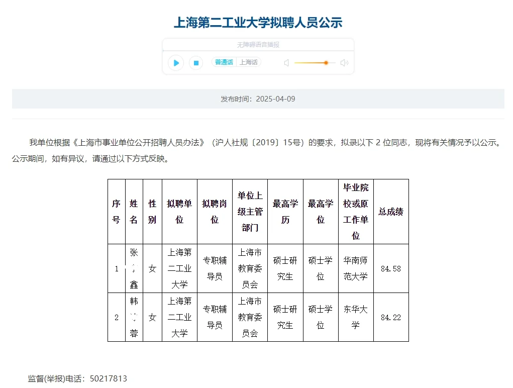上海第二工业大学拟聘人员公示（辅导员）