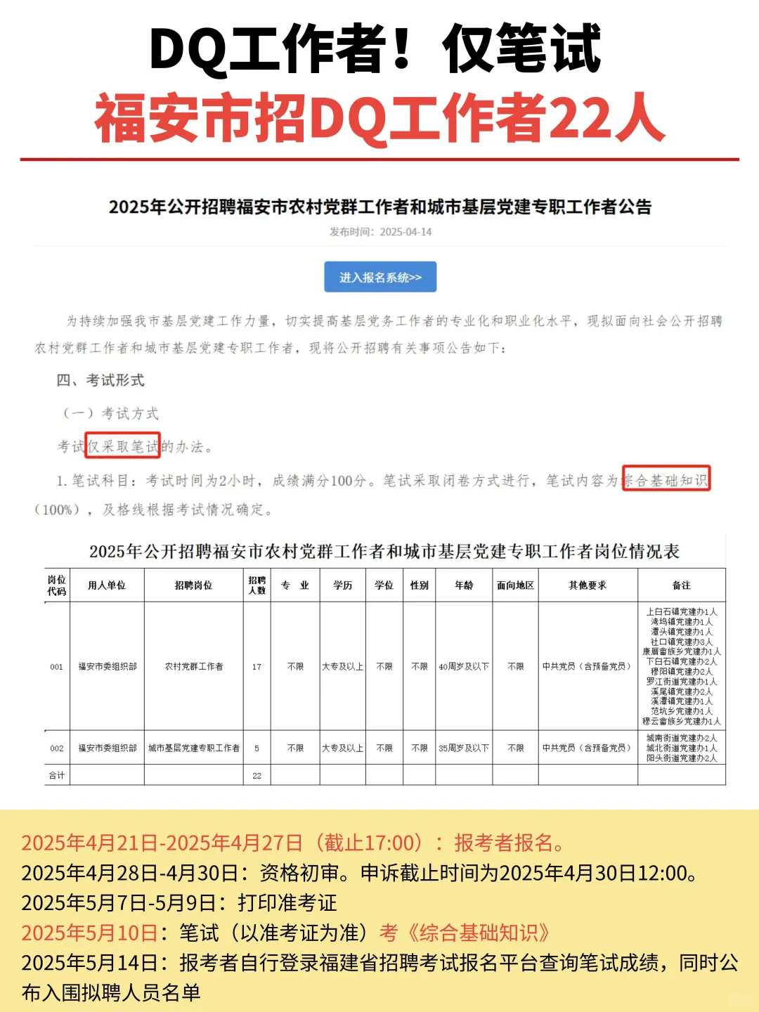 仅笔试！考综基！福安市招22人