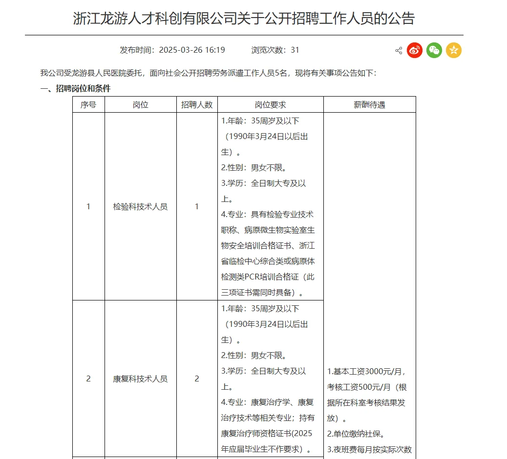 龙游县人民医院招聘5名工作人员❗️