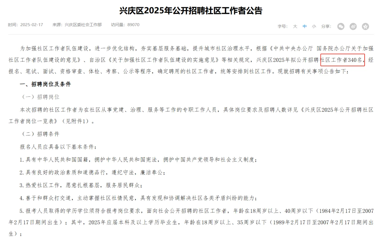 宁夏银川兴庆区招聘社区工作者340人！