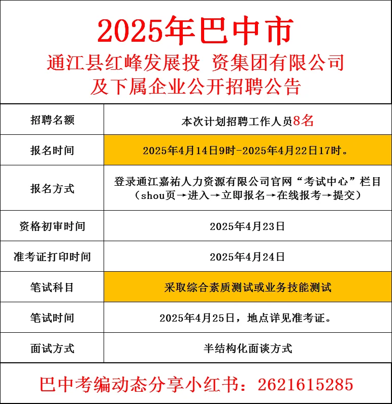 25年通江红峰发展投资集团招聘公告🉐
