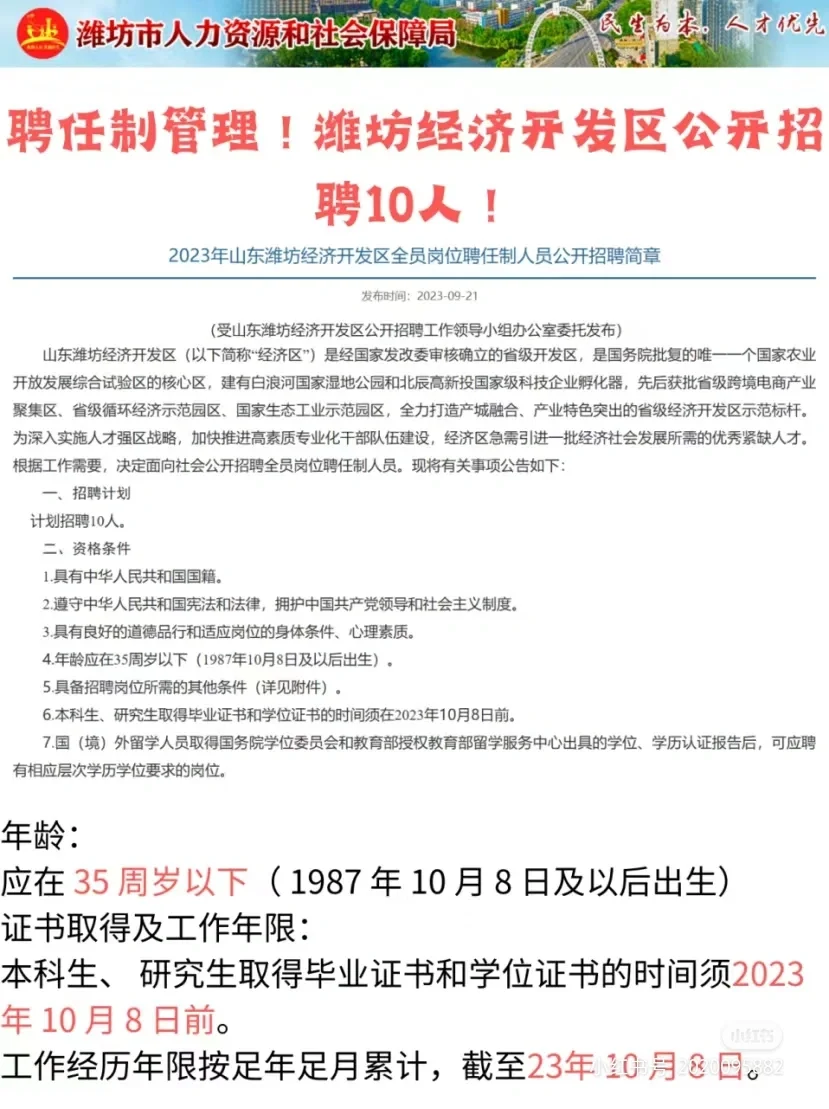 聘任制管理!潍坊经济开发区公开招聘10人