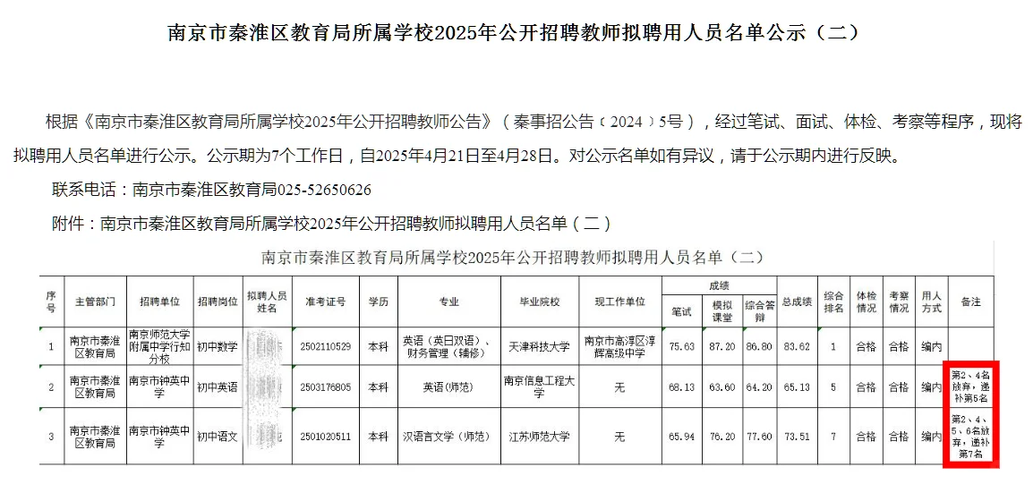 秦淮区第二批拟聘名单，递补上岸太开心了