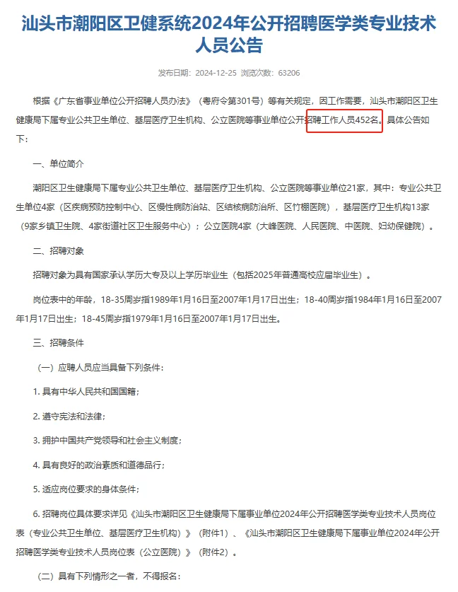 汕头市潮阳区卫健系统招聘医学类452人！