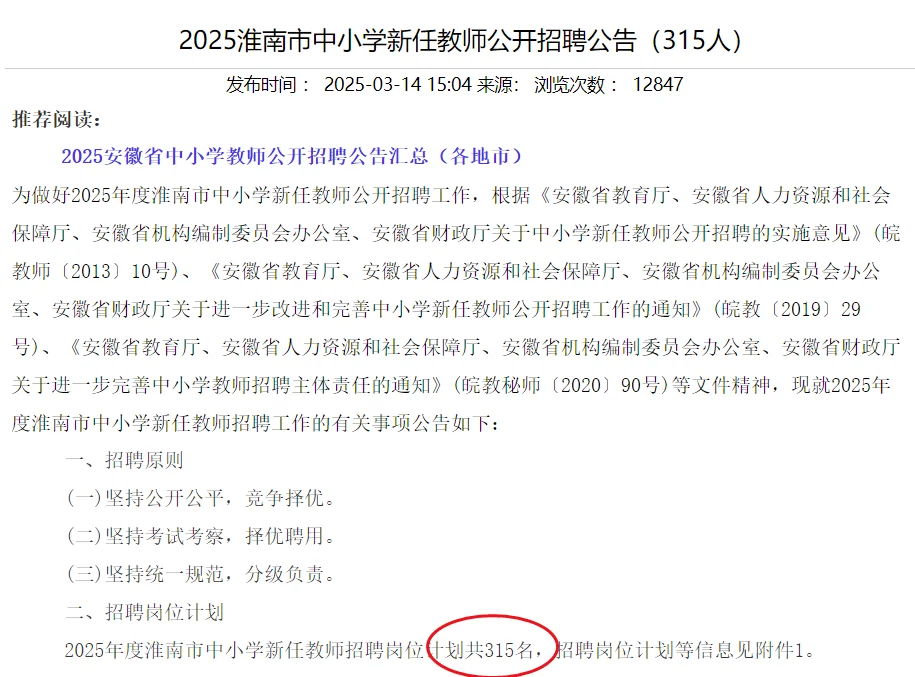 2025淮南市中小学新任教师公开招聘公告
