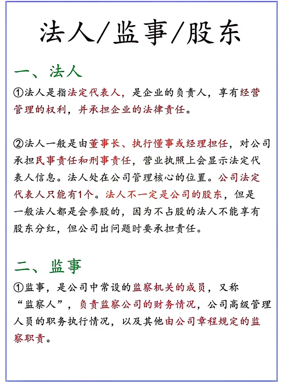 担任法人、股东、监事各自负责什么？