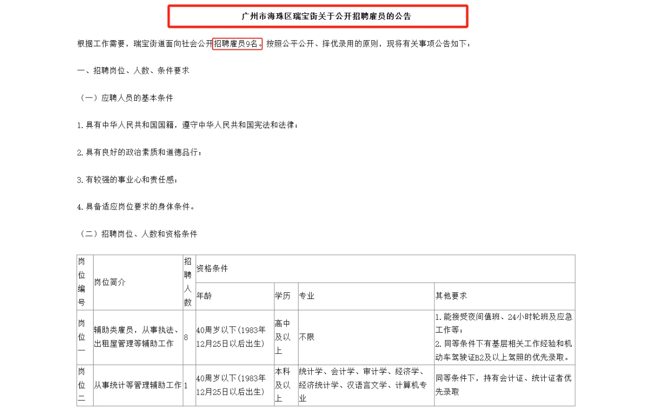 广州市海珠区瑞宝街招聘雇员9人！