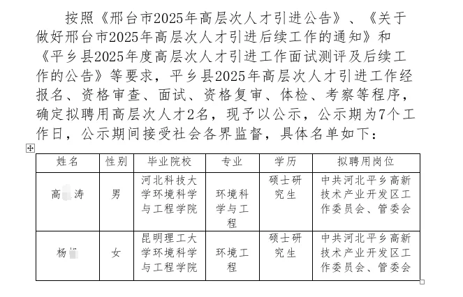邢台平乡县2025高层次人才引进拟聘公示