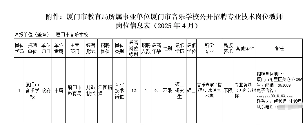 专项招聘 | 厦门市音乐学校招聘教师1人
