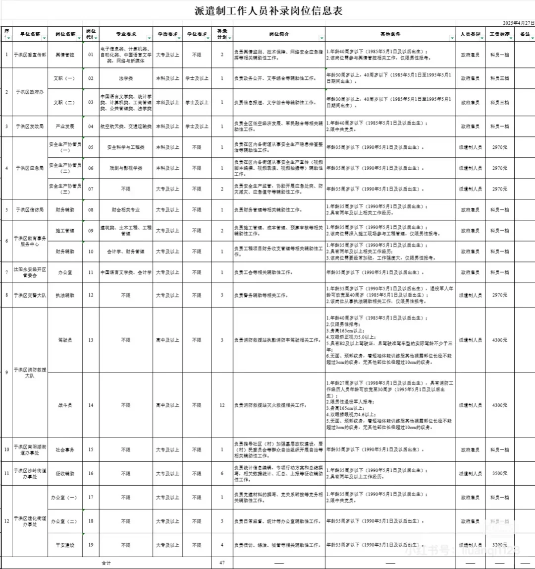 于洪区政府派遣制雇员招聘公告已出