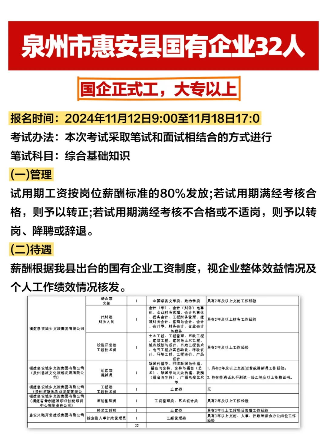 国企正式工32人，大专以上，12日起报名